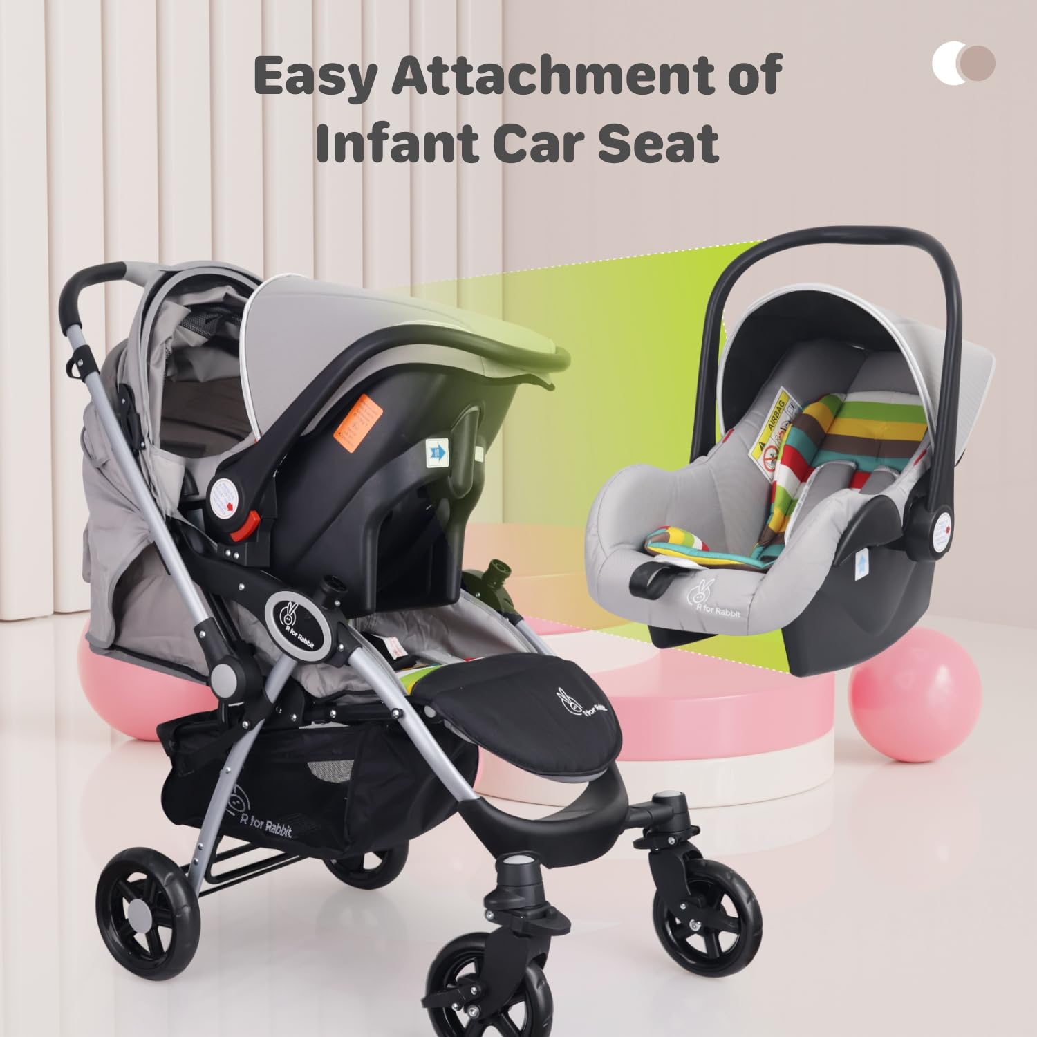 R for Rabbit Baby Travel System with a grey stroller and infant car seat, offering a complete solution for safe and convenient baby and kids transportation, with colorful accents. www.usmile.toys